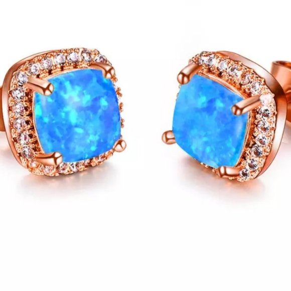 NEW 18K Rose Gold Blue Opal Diamond Halo Earrings - Picture 5 of 6